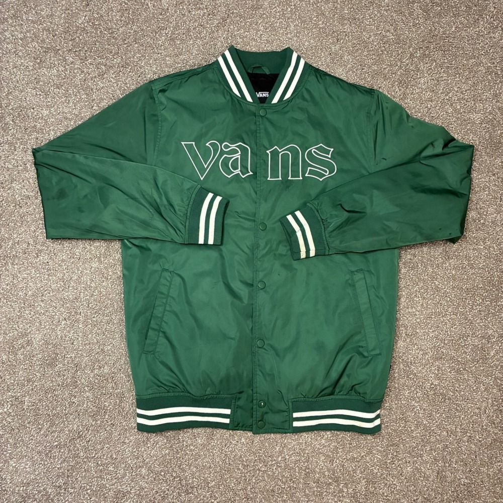Vans Bomber Jacket Mens Small Green Quilt Lined Grim Reaper Skull Varsity Grunge